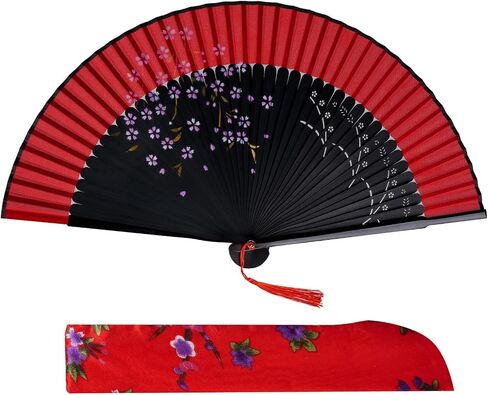 Jmkcoz Folding Hand Fans for Women Foldable Hand Held Fan Chinese Japanese Vintage Bamboo Silk Fan for Dance Music Festival Summer Wedding Church (Black) in Kuwait