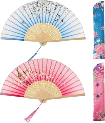 Fumwase Silk Bamboo Fans with Tassel Small Handheld Folding Fan Chinese Handheld Fan with Fabric Sleeve Music Festival Dance Party Decoration in Kuwait