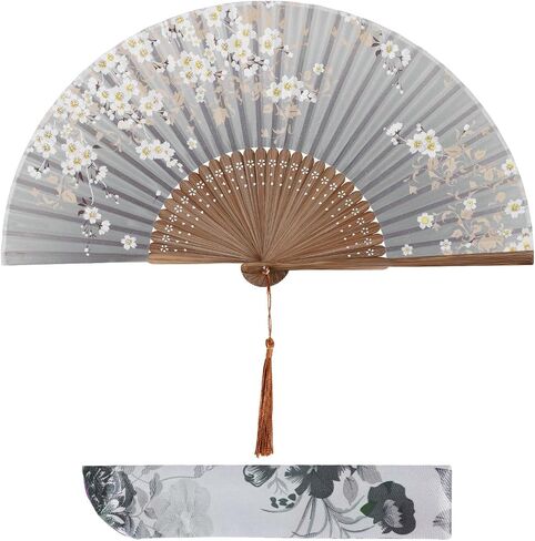 Handheld Chinese Folding Fan with Tassel and Pouch Foldable Silk Bamboo Floral Hand Held Fans for Women Dancing Performance Wedding Decorations Gift (Grey, Floral) in Kuwait