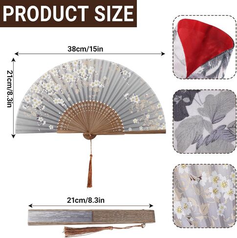 Handheld Chinese Folding Fan with Tassel and Pouch Foldable Silk Bamboo Floral Hand Held Fans for Women Dancing Performance Wedding Decorations Gift (Grey, Floral) in Kuwait