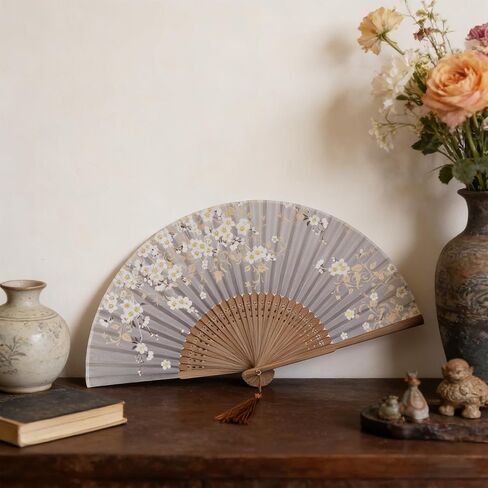 Handheld Chinese Folding Fan with Tassel and Pouch Foldable Silk Bamboo Floral Hand Held Fans for Women Dancing Performance Wedding Decorations Gift (Grey, Floral) in Kuwait