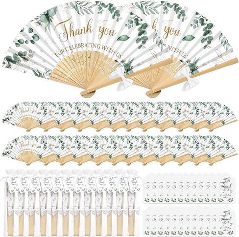 120 Packs Wedding Hand Fans for Guest Bulk Greenery Folding Hand Fans with 120 White Bows, Organza Bags and Thank You Tags Guest Favors for Outdoor Ceremonies & Bridal Showers (Eucalyptus Leaf) in Kuwait