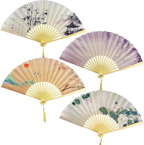 ULLiaN 4 Pack Folding Fans, Hand Fans for Women Foldable Chinese Handheld Fan Foldable with Tassel Plastic Handheld Folding Fan, Chinese Fans for Party Wedding Wall Performance in Saudi Arabia