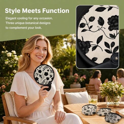 3Pcs Foldable Hand Fan Set Elegant Round Handheld Fan with Pouch Black Flower Folding Fans for Purse Travel Indoor and Outdoor Events Lightweight Portable Held Fans for Women and Men in Saudi Arabia