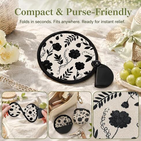 3Pcs Foldable Hand Fan Set Elegant Round Handheld Fan with Pouch Black Flower Folding Fans for Purse Travel Indoor and Outdoor Events Lightweight Portable Held Fans for Women and Men in Saudi Arabia