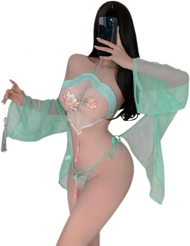 sexy lingerie dress for Women Cosplay Costume exotic Hanfu Outfit cheongsam Chinese Fairy Cute Roleplay high slit anime babydoll Arabian Floral bra Skirt tassel white green in Kuwait