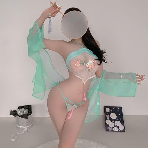 sexy lingerie dress for Women Cosplay Costume exotic Hanfu Outfit cheongsam Chinese Fairy Cute Roleplay high slit anime babydoll Arabian Floral bra Skirt tassel white green in Kuwait