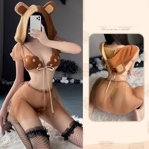 Women's Sexy Anime Lingerie Set 3 Piece Bear Cosplay Costume Lace Hooded Bra and Panty Set Lady Naughty Nightwear in Kuwait