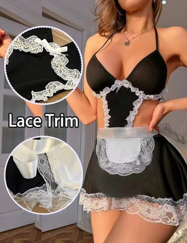 Women Sexy Maid Lingerie Cosplay Costume French Maid Themed Lace Halloween Roleplay Babydoll Fancy Outfit Set+Apron in Saudi Arabia