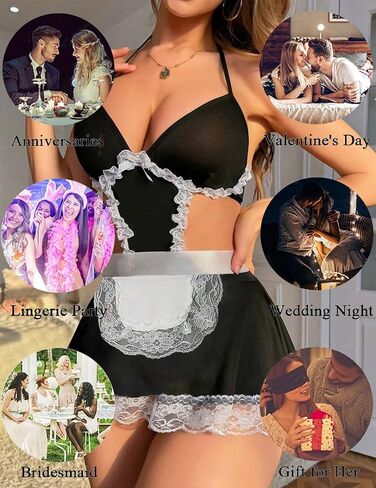 Women Sexy Maid Lingerie Cosplay Costume French Maid Themed Lace Halloween Roleplay Babydoll Fancy Outfit Set+Apron in Saudi Arabia