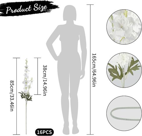 16Pcs White Delphinium Artificial Flowers 33.5'' Long Stem Silk Larkspur Flowers Bulk Faux Silk Flowers for Tall Vase Wedding Table Centerpieces Home Garden Outdoor Decor（White） in Saudi Arabia