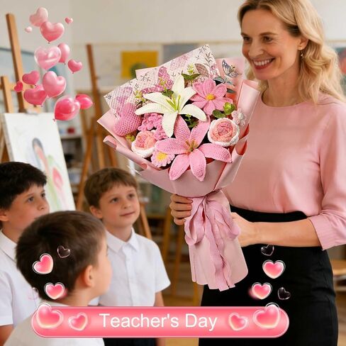 Crochet Lily Flowers Bouquet, Handmade Knitted Lily Galsang Flowers Bouquet for Wedding, Mother's Day, Graduation Gift, Anniversary, Birthday Gift for Woman, Wife, Mom, Lover (Style2-Pink) in Saudi Arabia