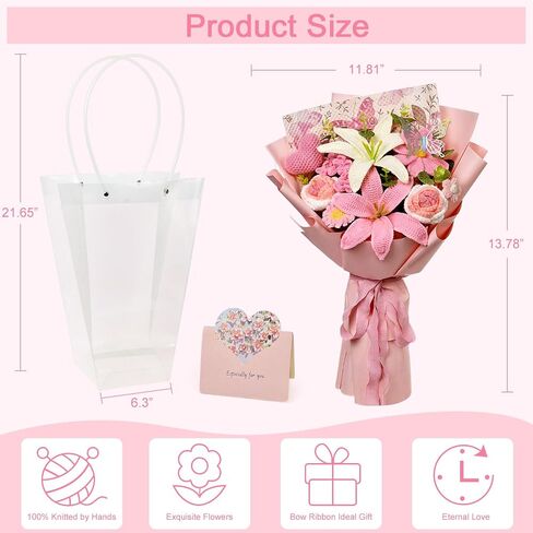 Crochet Lily Flowers Bouquet, Handmade Knitted Lily Galsang Flowers Bouquet for Wedding, Mother's Day, Graduation Gift, Anniversary, Birthday Gift for Woman, Wife, Mom, Lover (Style2-Pink) in Saudi Arabia