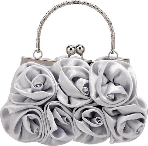 Silver Satin Rose Evening Bag for Women, 3D Floral Clutch Purse with Metal Top Handle, Vintage Kiss Lock Wedding Handbag with Chain Strap (Silver) in Saudi Arabia
