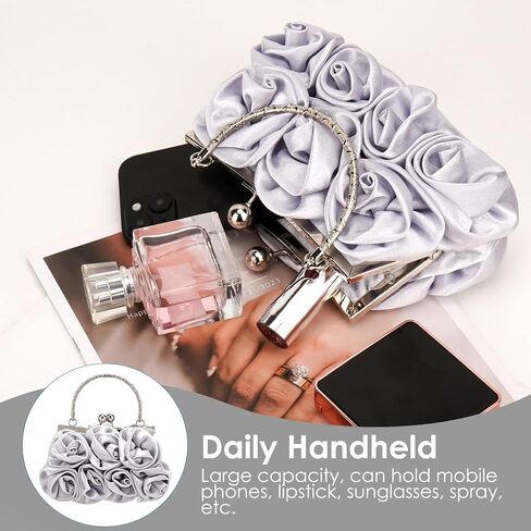 Silver Satin Rose Evening Bag for Women, 3D Floral Clutch Purse with Metal Top Handle, Vintage Kiss Lock Wedding Handbag with Chain Strap (Silver) in Saudi Arabia