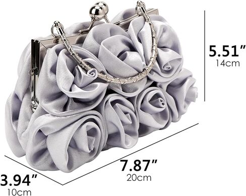 Silver Satin Rose Evening Bag for Women, 3D Floral Clutch Purse with Metal Top Handle, Vintage Kiss Lock Wedding Handbag with Chain Strap (Silver) in Saudi Arabia