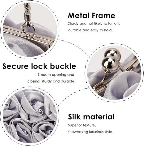 Silver Satin Rose Evening Bag for Women, 3D Floral Clutch Purse with Metal Top Handle, Vintage Kiss Lock Wedding Handbag with Chain Strap (Silver) in Saudi Arabia