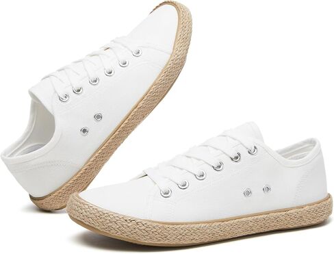 POVOGER Women's Canvas Sneakers Low Top Lace Up - Breathable Casual Walking Shoes Lightweight Comfort, White Fashion Tennis Sneakers with Textured Rope Jute Edge Trim in Saudi Arabia