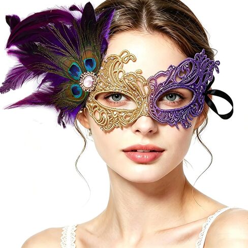Purple Gold Lace Masquerade Masks for Women, Vintage Venetian Half Face Mask with Feather Pendant for Antifaz Para Fiestas Party, Wedding, Mardi Gras, Photoshoot in Saudi Arabia