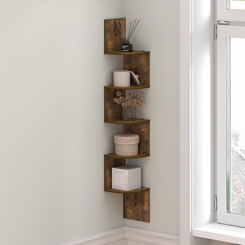 Furinno Rossi Floating Book Shelves for Wall, 5-Tier Zigzag Corner Shelf Wall Mounted, Radial Corner Floating Shelf, for Living Room, Bedroom, Bathroom, Home Office, Amber Pine in Kuwait