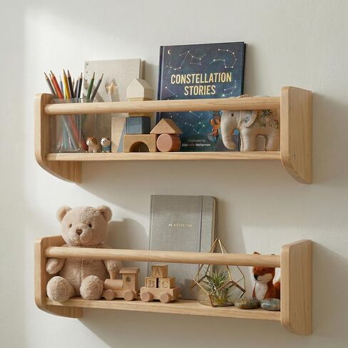 Nursery Bookshelf Set of 2, 16" Nursery Book Shelves Wall Mounted, Wooden Floating Shelves for Nursery Wall, Baby Book Shelf for Nursery, Kids Wall Bookshelf Organizer with Support Rod, Space Saving in Kuwait