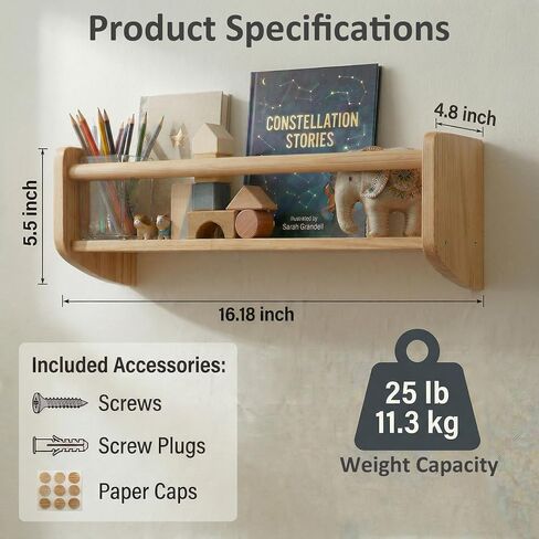 Nursery Bookshelf Set of 2, 16" Nursery Book Shelves Wall Mounted, Wooden Floating Shelves for Nursery Wall, Baby Book Shelf for Nursery, Kids Wall Bookshelf Organizer with Support Rod, Space Saving in Kuwait