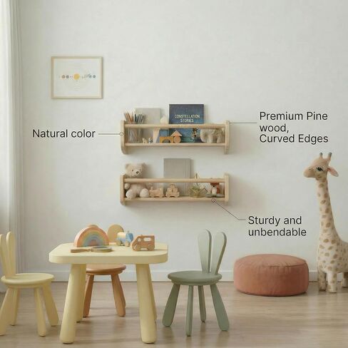 Nursery Bookshelf Set of 2, 16" Nursery Book Shelves Wall Mounted, Wooden Floating Shelves for Nursery Wall, Baby Book Shelf for Nursery, Kids Wall Bookshelf Organizer with Support Rod, Space Saving in Kuwait