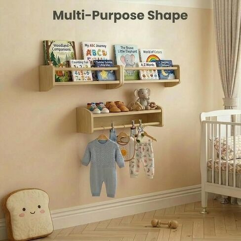 Nursery Bookshelf Set of 2, 16" Nursery Book Shelves Wall Mounted, Wooden Floating Shelves for Nursery Wall, Baby Book Shelf for Nursery, Kids Wall Bookshelf Organizer with Support Rod, Space Saving in Kuwait