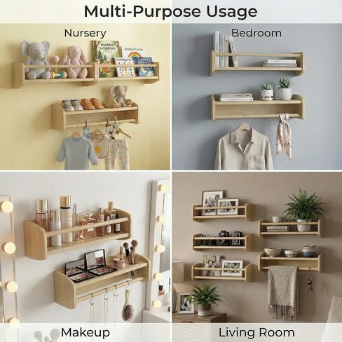 Nursery Bookshelf Set of 2, 16" Nursery Book Shelves Wall Mounted, Wooden Floating Shelves for Nursery Wall, Baby Book Shelf for Nursery, Kids Wall Bookshelf Organizer with Support Rod, Space Saving in Kuwait