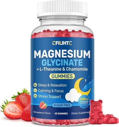 Magnesium Glycinate Gummies 500mg with L-Theanine & Chamomile for Calm, Sleep, Stress Relief, Sugar Free, Vegan, Non-GMO - Strawberry Flavor, 60 Count in Saudi Arabia
