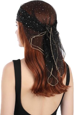 Sparkly Head Scarf - Square Sequin Head Scarf, 90s Style Glitter Bandana for Women Hair Wrap Scarfs (Black) in Kuwait