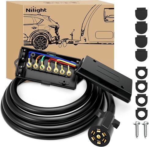 Nilight Heavy Duty 7 Way Inline Trailer Plug with 7 Gang Junction Box - 8 Feet, Trailer Connector Cable Wiring Harness with Weatherproof Junction Box Suitable for RV Automotives Cars,2 Years Warranty in Saudi Arabia