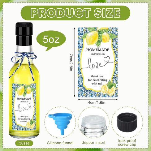 Reallnaive 30 Sets 5 oz Mini Limoncello Glass Bottles with Italian Lemon Stickers Lids and Funnel Capri Lemon Party Favors for Homemade Brewing Beverages Amalfi Coast Wedding Holiday DIY Craft in Saudi Arabia