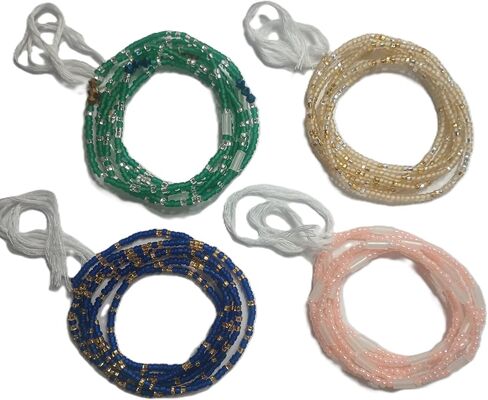 4 Pieces Handmade Tie-On African Waist Beads for Women, Colorful Green Blue Pink Gold Glass Beads, 44 Inch, Non-Stretching, Layered Body Jewelry Set in Saudi Arabia