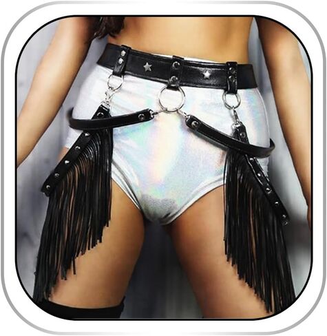 Punk Leather Body Chain Sexy Tassel Waist Chain Body Harness Belly Chains Rave Nightclub Party Body Accessories for Women and Girls (Black-4) in Saudi Arabia