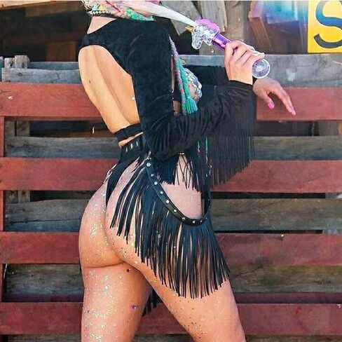 Punk Leather Body Chain Sexy Tassel Waist Chain Body Harness Belly Chains Rave Nightclub Party Body Accessories for Women and Girls (Black-4) in Saudi Arabia