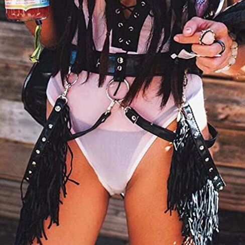 Punk Leather Body Chain Sexy Tassel Waist Chain Body Harness Belly Chains Rave Nightclub Party Body Accessories for Women and Girls (Black-4) in Saudi Arabia