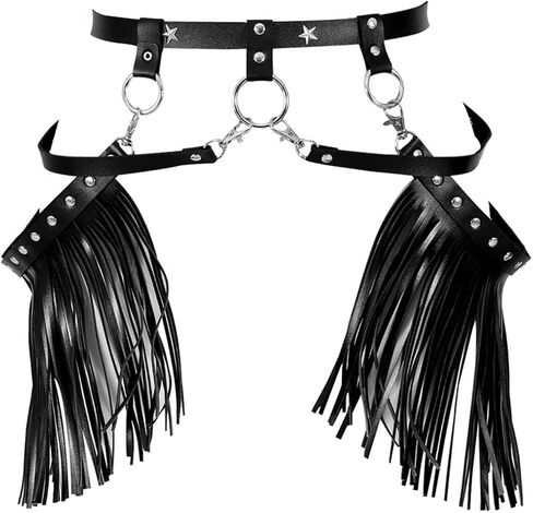 Punk Leather Body Chain Sexy Tassel Waist Chain Body Harness Belly Chains Rave Nightclub Party Body Accessories for Women and Girls (Black-4) in Saudi Arabia