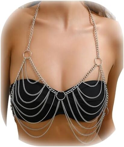 Punk Link Chain Bra Jewelry Bikini Metal Tassel Chest Body Chain Summer Beach Multi Layered Body Chain Festival Rave Waist Body Jewelry for Women in Saudi Arabia