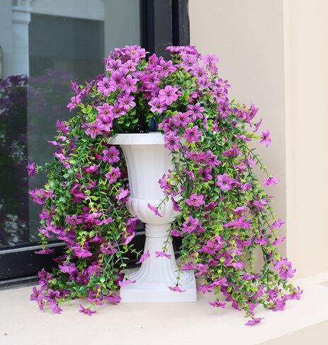 Artificial Hanging Flowers for Outdoors, 4 Pack Fake Hanging Plant for Spring Summer Decor, UV Resistant Faux Silk Flower for Planter Front Door Porch Patio Yard Garden (Double Purple) in Saudi Arabia