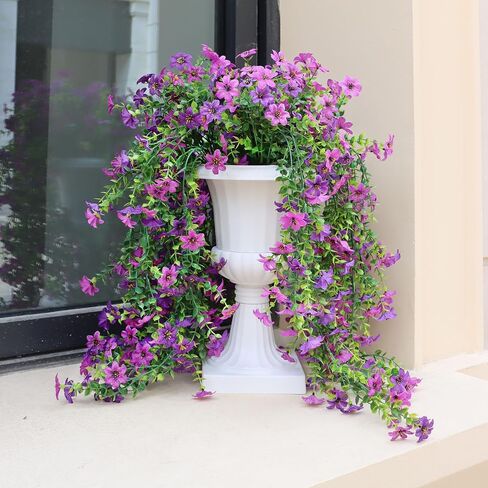 Artificial Hanging Flowers for Outdoors, 4 Pack Fake Hanging Plant for Spring Summer Decor, UV Resistant Faux Silk Flower for Planter Front Door Porch Patio Yard Garden (Double Purple) in Kuwait