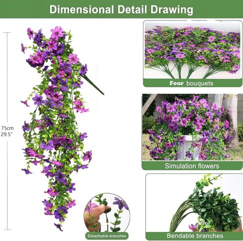Artificial Hanging Flowers for Outdoors, 4 Pack Fake Hanging Plant for Spring Summer Decor, UV Resistant Faux Silk Flower for Planter Front Door Porch Patio Yard Garden (Double Purple) in Kuwait