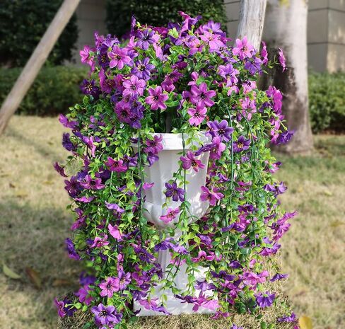 Artificial Hanging Flowers for Outdoors, 4 Pack Fake Hanging Plant for Spring Summer Decor, UV Resistant Faux Silk Flower for Planter Front Door Porch Patio Yard Garden (Double Purple) in Kuwait