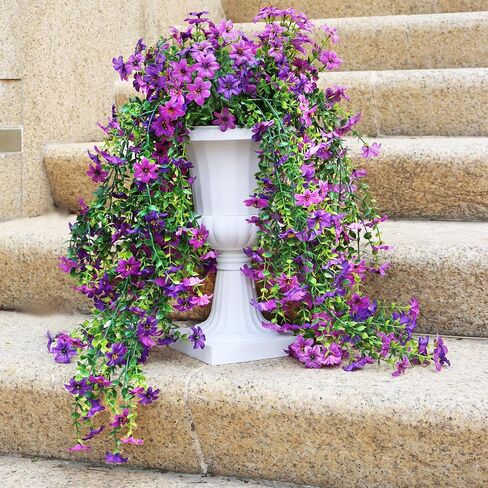 Artificial Hanging Flowers for Outdoors, 4 Pack Fake Hanging Plant for Spring Summer Decor, UV Resistant Faux Silk Flower for Planter Front Door Porch Patio Yard Garden (Double Purple) in Kuwait