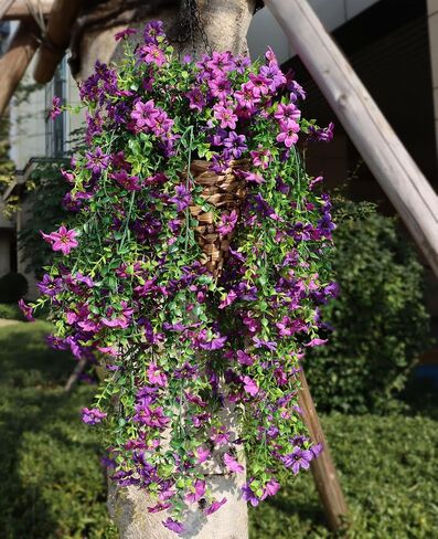 Artificial Hanging Flowers for Outdoors, 4 Pack Fake Hanging Plant for Spring Summer Decor, UV Resistant Faux Silk Flower for Planter Front Door Porch Patio Yard Garden (Double Purple) in Kuwait
