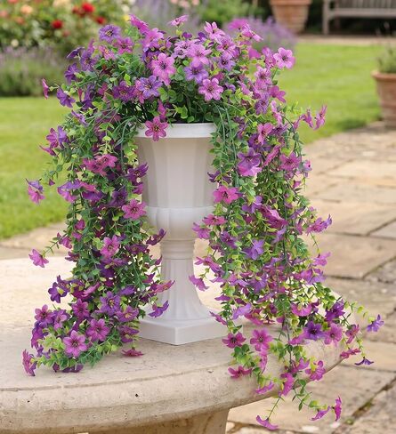 Artificial Hanging Flowers for Outdoors, 4 Pack Fake Hanging Plant for Spring Summer Decor, UV Resistant Faux Silk Flower for Planter Front Door Porch Patio Yard Garden (Double Purple) in Kuwait