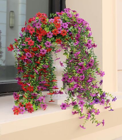 Artificial Hanging Flowers for Outdoors, 4 Pack Fake Hanging Plant for Spring Summer Decor, UV Resistant Faux Silk Flower for Planter Front Door Porch Patio Yard Garden (Double Purple) in Kuwait