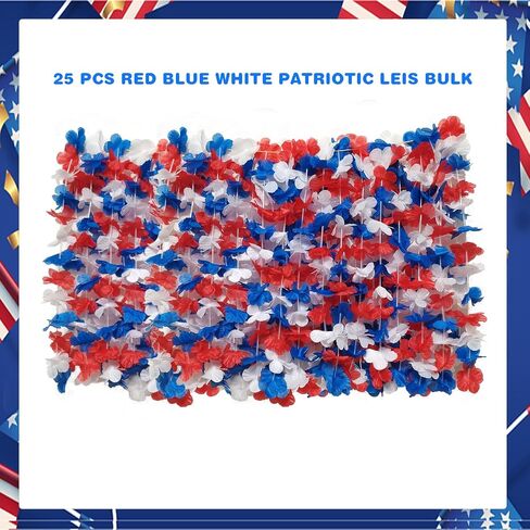 50 Pcs Patriotic Hawaiian Flower Leis Necklaces Bulk, Red Blue White Hawaiian Leis Garlands For 4th of July Decoration, Independence Day Parade, Patriotic Events in Saudi Arabia