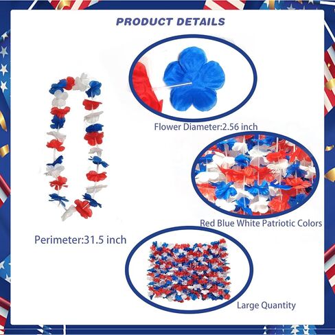 50 Pcs Patriotic Hawaiian Flower Leis Necklaces Bulk, Red Blue White Hawaiian Leis Garlands For 4th of July Decoration, Independence Day Parade, Patriotic Events in Saudi Arabia