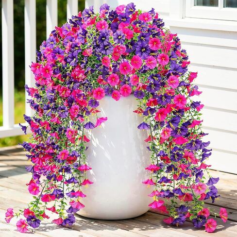 Lewondr 4th of July Artificial Fake Hanging Flowers Plants for Outdoor, 3 PCS Faux Silk Memorial Day Plants, 30'' Red White Blue UV-Resistant Flower for Independence Veterans Porch Patio Yard Decor in Saudi Arabia